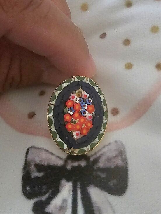 Jewelry - Vintage Floral Micro Mosaic Oval Ring - Black and Orange